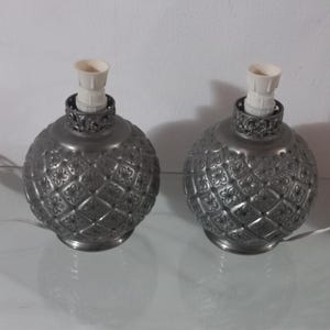 Art Nouveau Pair of Vintage 1950s Pewter Lamps Hand Chiseled Without Lampshade Table Lamp Italian Vintage Lighting Collectible