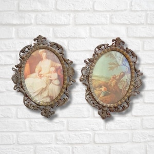 Vintage Italië Set van 2 vierkanten Ovale mallen Goudmessing lijsten Gedecoreerde lijsten Woondecoratie Wanddecoratie Woondecoratie