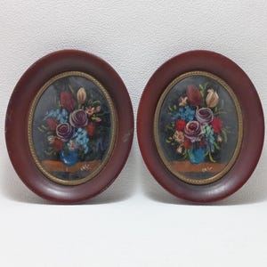 Pareja de cuadrados Pintura al óleo Flores Firma del autor Marco de madera Decoraciones colgantes En la pared Hogar Oficina Regalo Día de la madre