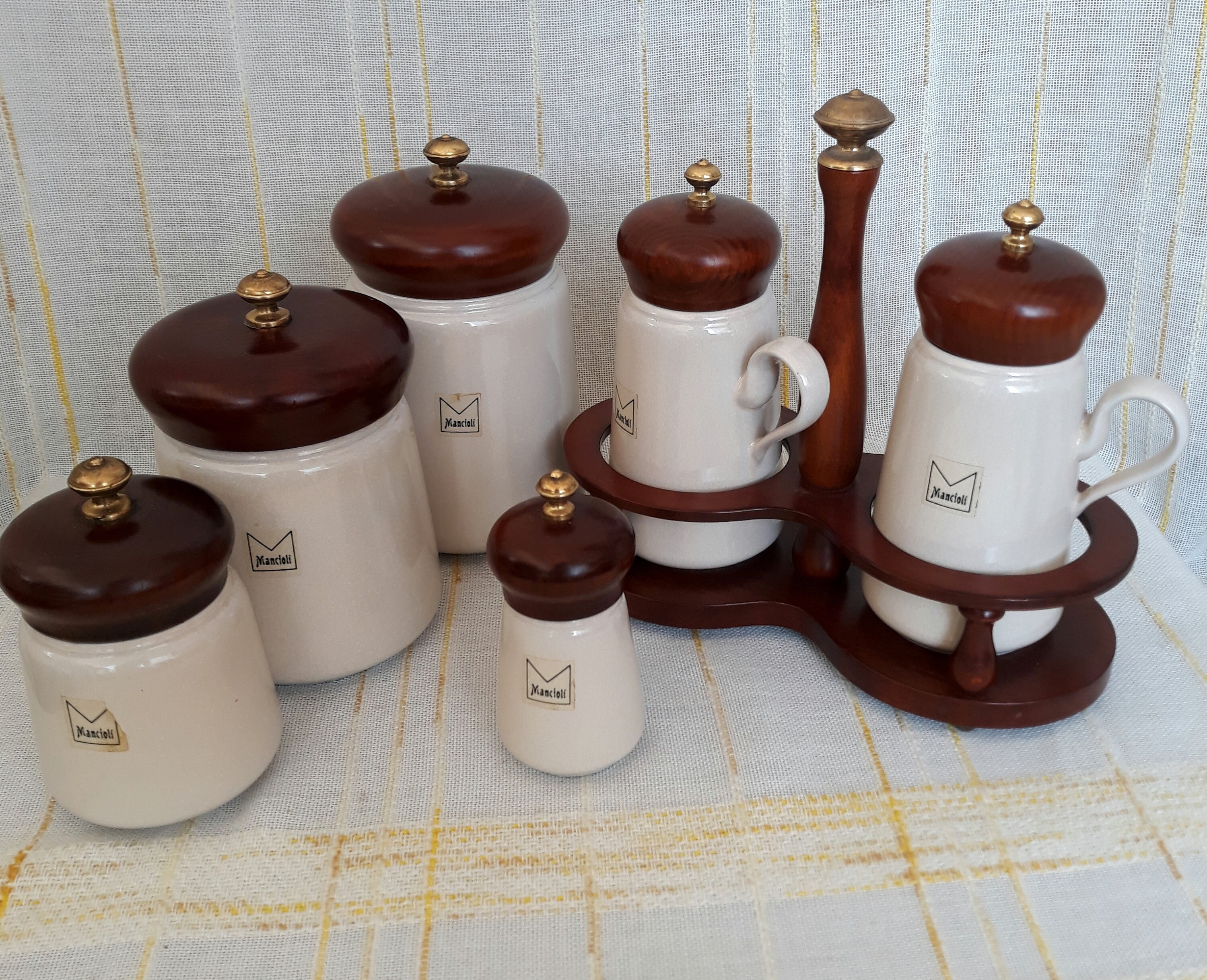 Rare Set of Kitchen Jars Ceramic With Wooden Cap Brass Knob