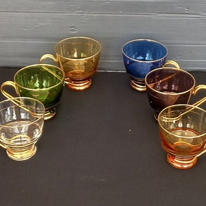 Vintage Italia 1950s 6 Piece Coffee Cup Set Coffee Service Colored Glass Cups With Metal Handle Liqueur Cups Kitchen Tableware Decor