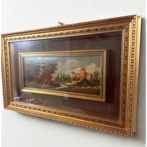 Raro dipinto a olio 25 x 40 cm firmato dall'autore paesaggio montano cornice in legno cornice dorata dipinto in foglia di rame "Rummy" da collezione
