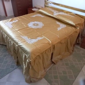 Vintage Gold Silk damask  Perfect Double Bedspread Embroidered with Flowers Bedspread with Ruffles Gold Bedspread From Grandma&#39;s Trunk