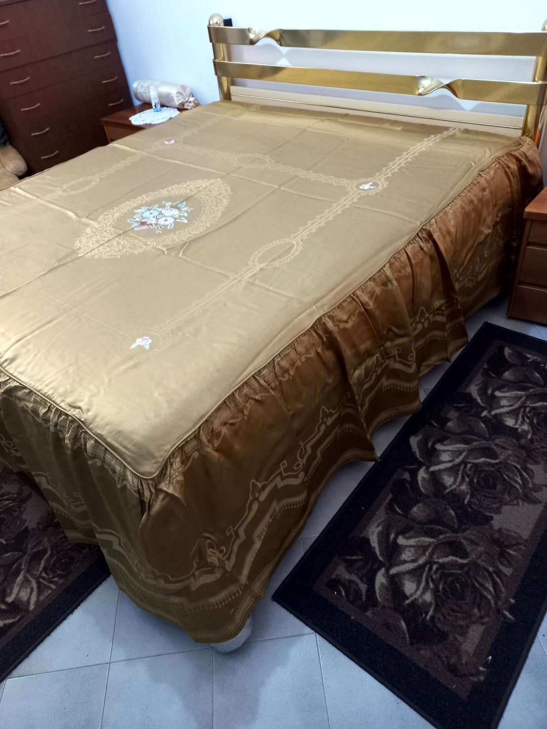 Vintage Gold Silk Double Bedspread Embroidered With Flowers Bedspread