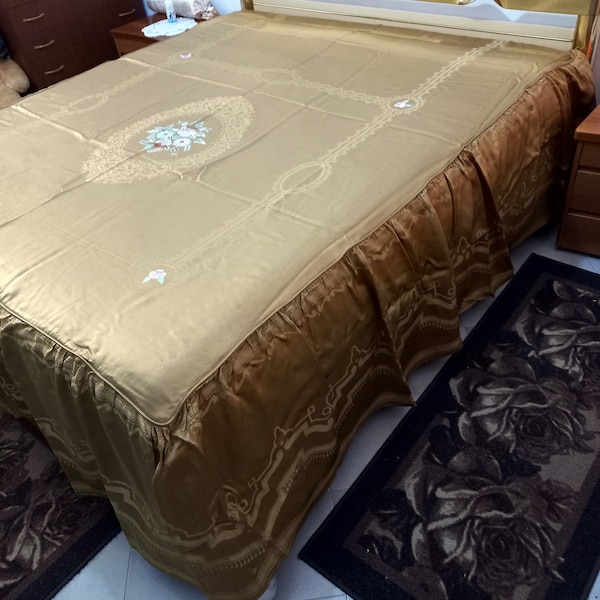 Vintage Gold Silk Double Bedspread Embroidered with Flowers Bedspread with Ruffles Gold Bedspread From Grandma's Trunk With Small Spots
