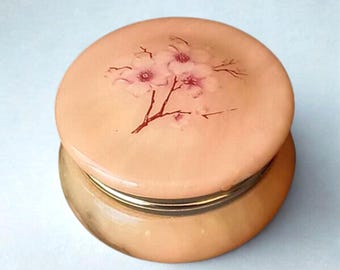 Vintage Italy 1940s Alabaster jewelry box Flower print Round box Antique jewelry box Gift for her Christmas gift Bedroom decor Gift for mom