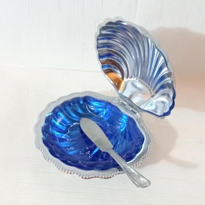 Vintage Italy bowl Shell shaped plate with blue glass lining Shell shaped plate Caviar plate Seafood serving plate with knife Butter dish