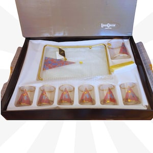 New 80&#39;s Linea Decor Cocktail service Hand-crafted glass Italian glassware Glasses Glass tray Vintage tray Ice basket Tableware Wedding gift