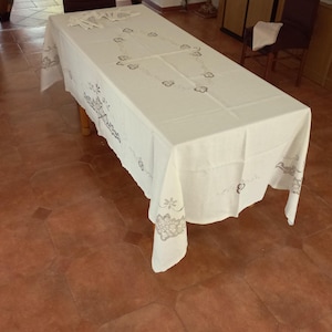 Extra large embroidered antique linen tablecloth 270x165cm 106 &quot;x65&quot; Off-white color Ecru embroidery Antique tablecloths Linen linen napkins