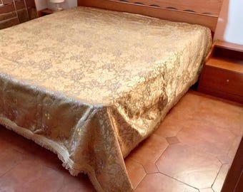 Rare Antique Double Bedspread Silk and Cotton Brocade Gold Color Silk bedspread Silk damask Decorations Precious Damask bed Vintage Italia
