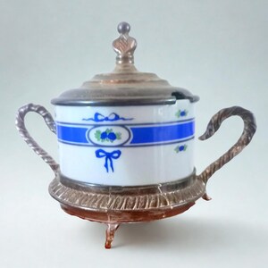 Antique Schillerbach Sugar Bowl with Metal Base and Handles, Dekor Fabrik Swan Mark, Neoclassical Cobalt Blue Porcelain, Early 20th Century