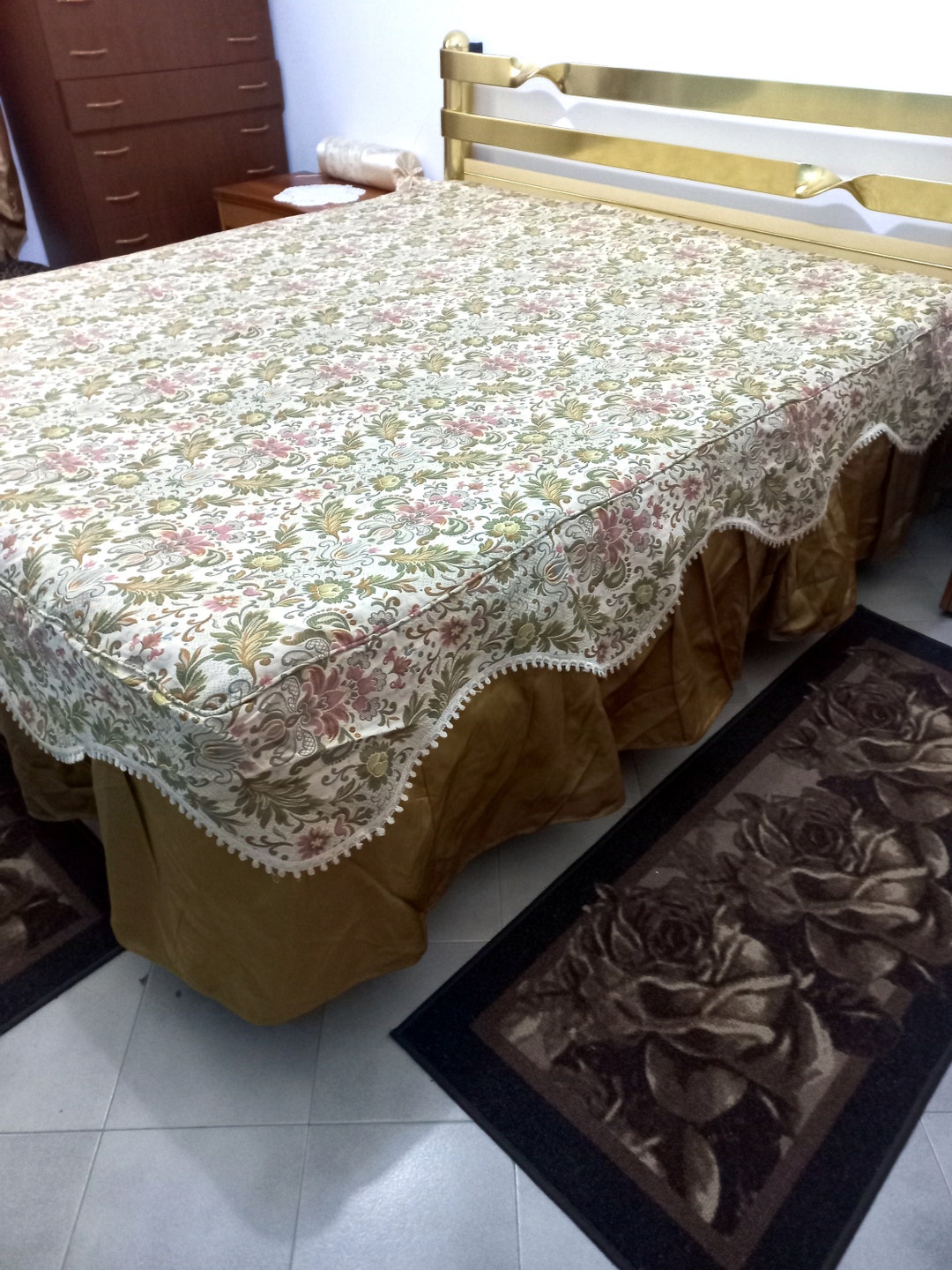 Fabulous Double Bedspread Silk Brocade and Silk Satin Bedspread With Double Gold Flounce Italian