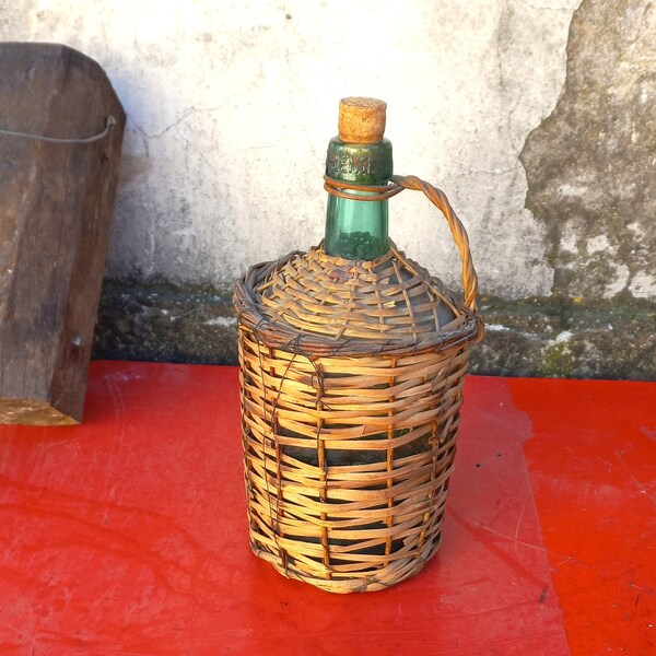 Rare Old demijohn 3 liters Green glass Wicker cover Antique wine bottles Glass demijohn Antique basket Handmade Rustic decor Farmhouse