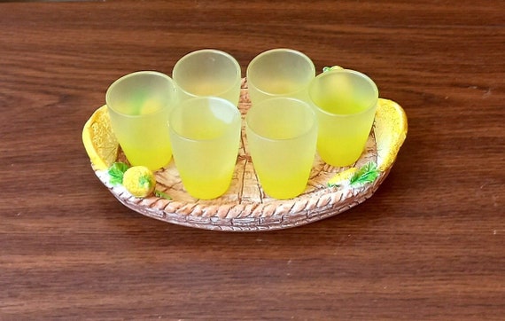 Vintage Italy Italian Liqueur Shot Glasses Service Limoncello Special Shape  Frosted Glass Yellow Tray With Lemons Christmas Gift 