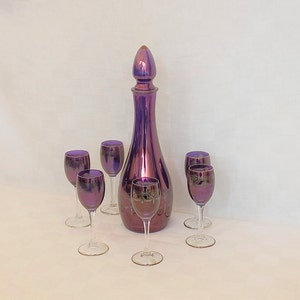 Rare &quot;Timon Glass&quot; 1950s Glass service Bottle Crystal Silver silk-screened Hand painted Blue-violet color Antique tableware Wedding gift
