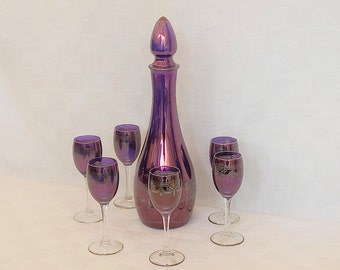 Rare &quot;Timon Glass&quot; 1950s Glass service Bottle Crystal Silver silk-screened Hand painted Blue-violet color Antique tableware Wedding gift