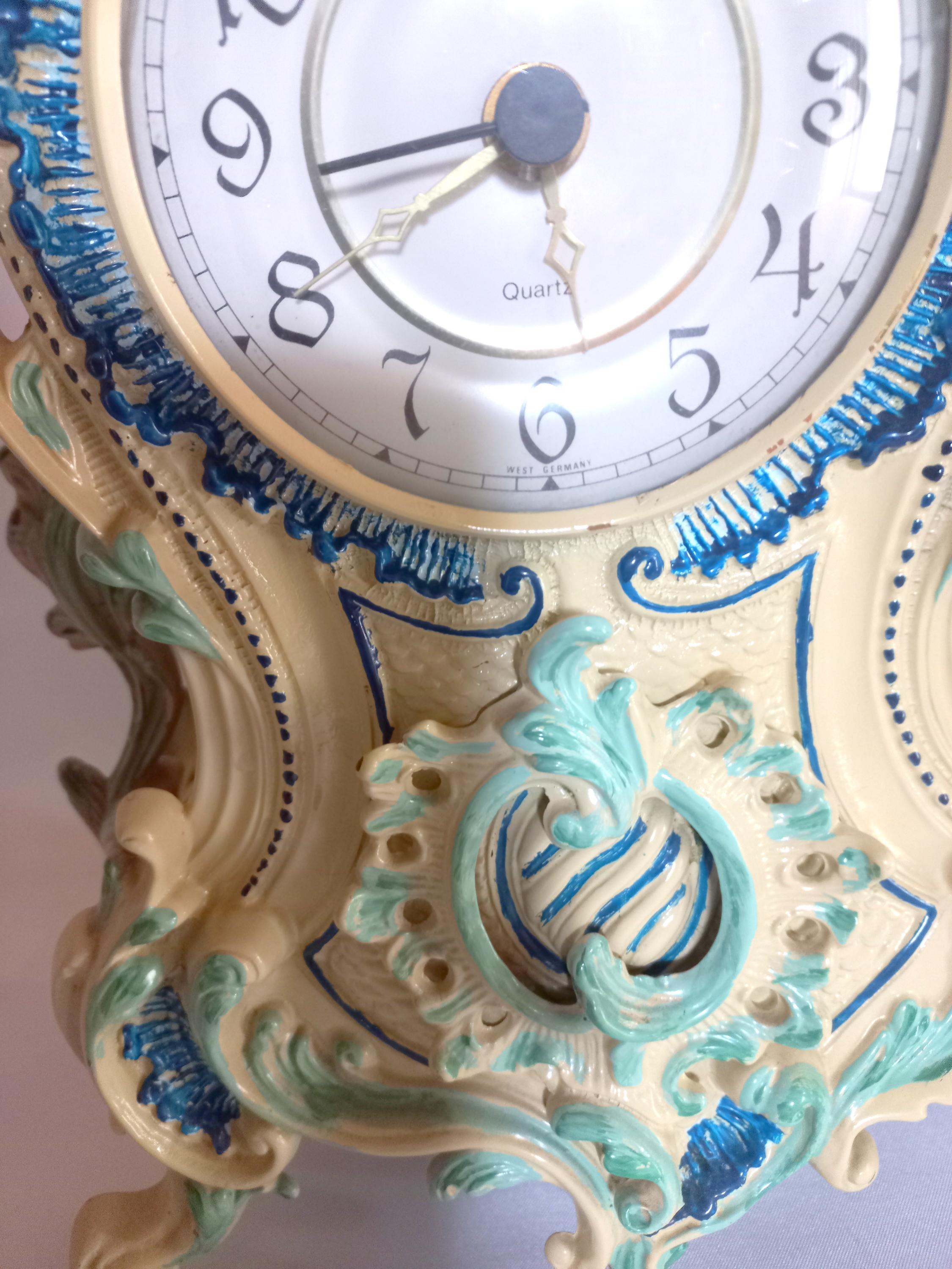 Antique Italian Enamel & Brass Mantel Clock Set, 3-piece Rococo