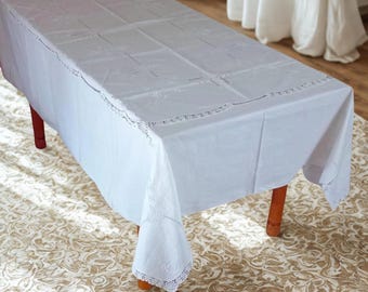 Antique white tablecloth ,Pure cotton embroidered ,for 12 seats ,Fine Italian embroidery,