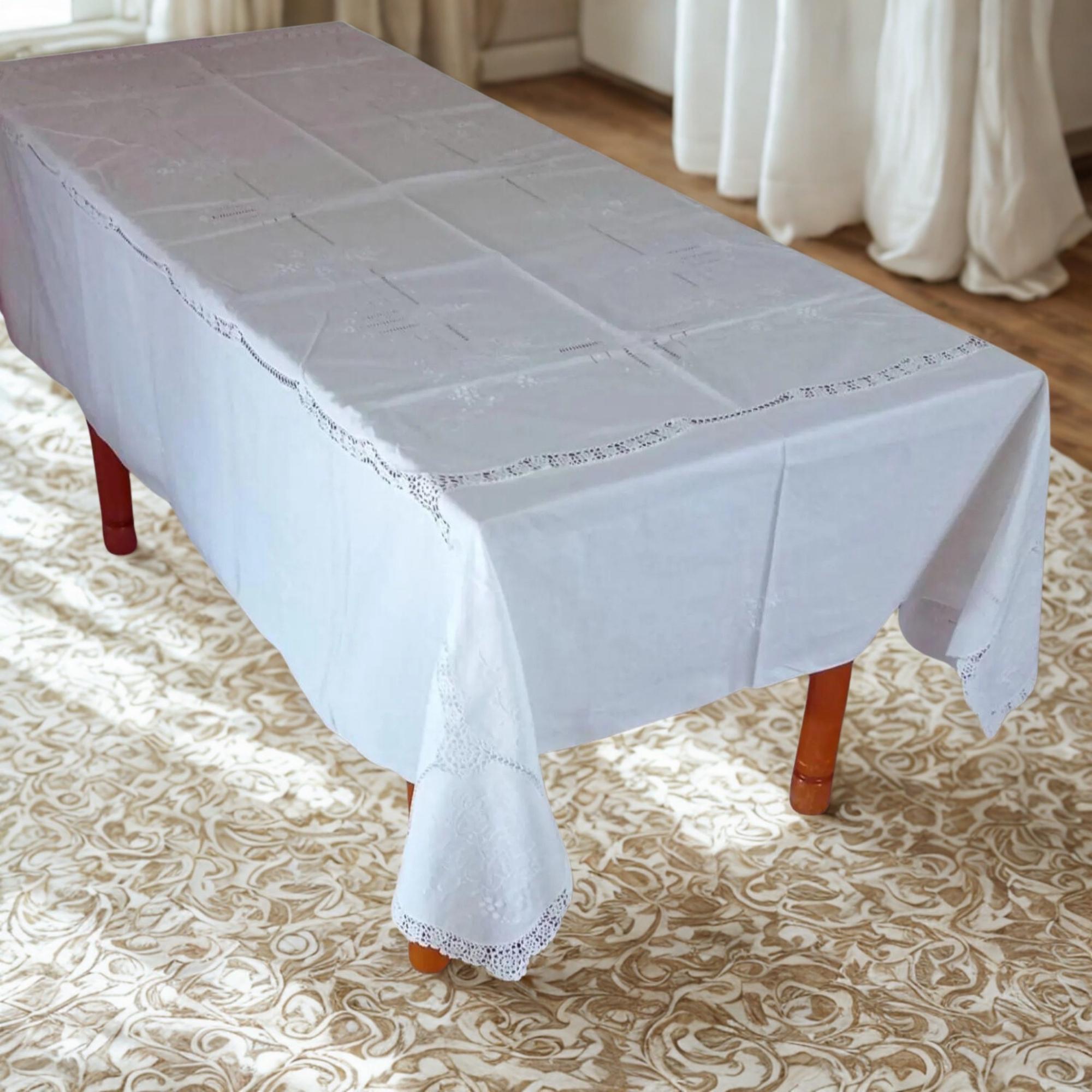 Nappe Vintage Brodée Blanche - Rectangulaire, 100% Coton/polyester - Excellent état