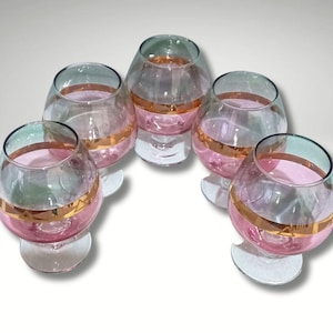 Cognac glasses set 5 Murano Crystal Ancient Venetian tradition Crystal glasses pink-green color Pure gold decor Handmade Vintage Italy 1950s