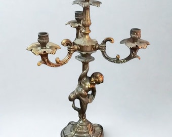 Candelabro de 15" de mediados de siglo, 4 llamas, antiguo, de latón macizo, 3800 kg, decoración Hollywood Regency, candelabro de 3 brazos, estilo barroco.