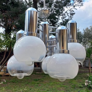 Chrome Chandelier 6 Lights Mid Century Modern Murano Chandelier 1950s Opal Glass Space Age Sputnik Chandelier Vintage Italian lighting