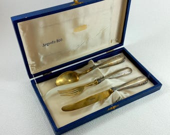 Juego de cubiertos vintage italianos para niños, cubiertos de plata, cuchara, tenedor, cuchillo, vajilla Solingen, cubiertos vintage de cocina, buen estado vintage.