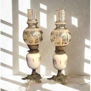 Pair ,Large Vintage Porcelain Table Lamps ,Brass Base, Hand Painted ,Etched Glass ,Original Wiring, Italian lighting