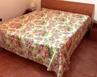 Vintage, Cotton Pique Bedspread, Painted Floral Print, Double Bed, 1970s Trousseau