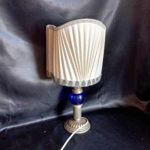 Rare Old Metal Table Lamp Silver Plated and Blue Glass Lampshade Half Shell Pleated Lampshade Vintage Lamp Vintage Home Furnishings Art Deco