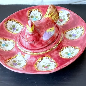 Ancient Italian majolica Ceramiche Fiuggi Made in Italy Egg tray Glazed ceramic hen Vintage ceramic sauce boat Rustic table decor