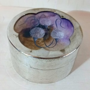 Very old 1950s Round Jewelry box silver plated Interior lined with green velvet Vintage Art Deco jewelry box Silver plated jewelry box