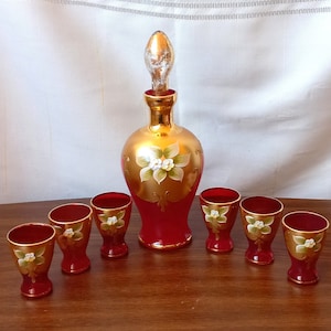 Red-Gold Murano Glass Set &quot;Three Fires&quot; Venetian Style Liquor Glasses with Bottle Antique Hand Painted Vintage Limoncello Glasses Christmas