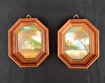 Lot de 2 peintures à l'huile signées Sans verre Cadre octogonal en bois Peinture à l'huile de paysage Décorations à accrocher au mur Cadre en bois massif