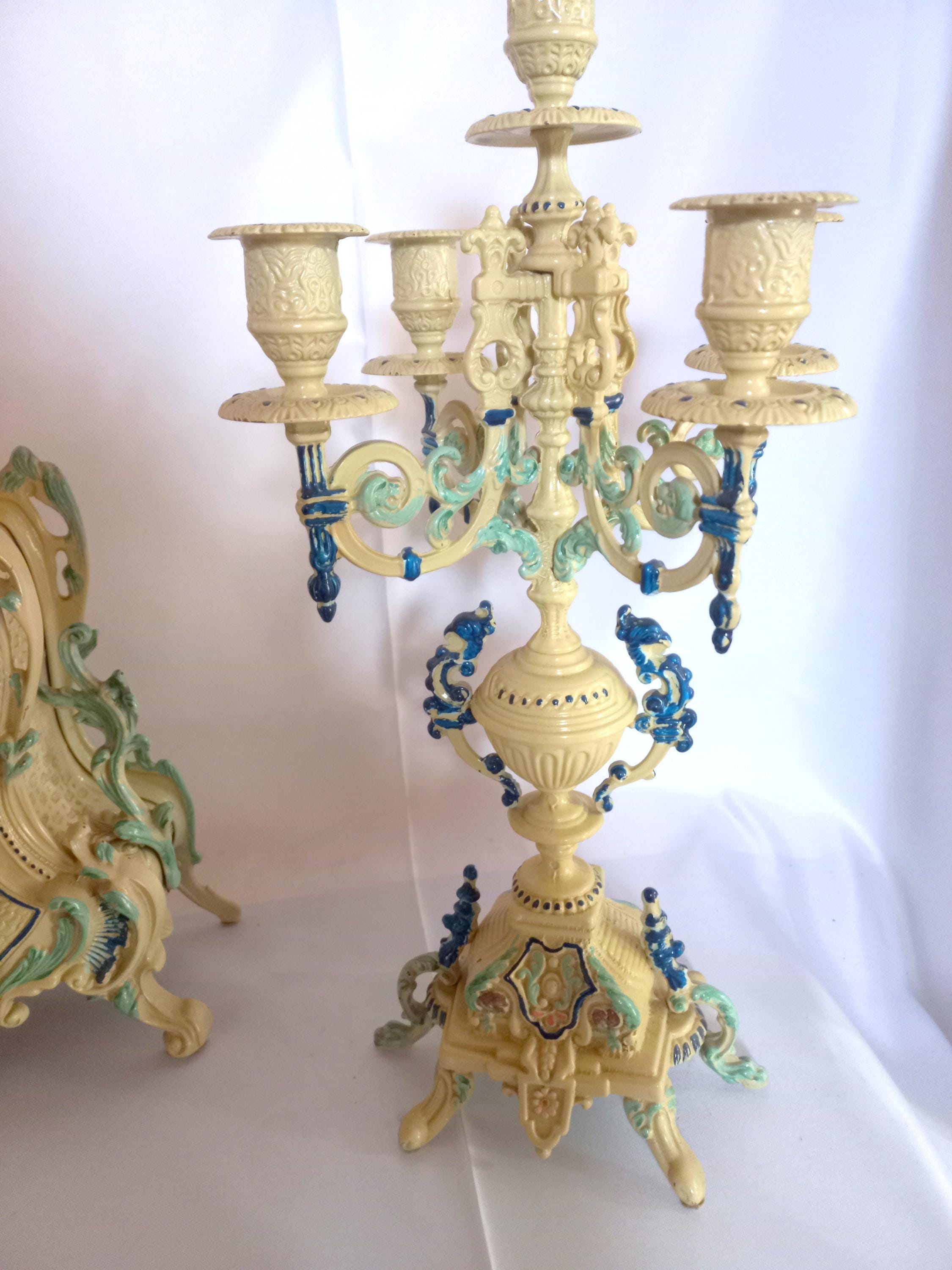 アンティーク　ヴィンテージ　飾物　置物　オブジェ　ORO FOGLIA 3点 Antique Italian Enamel & Brass Mantel Clock Set, 3-piece Rococo