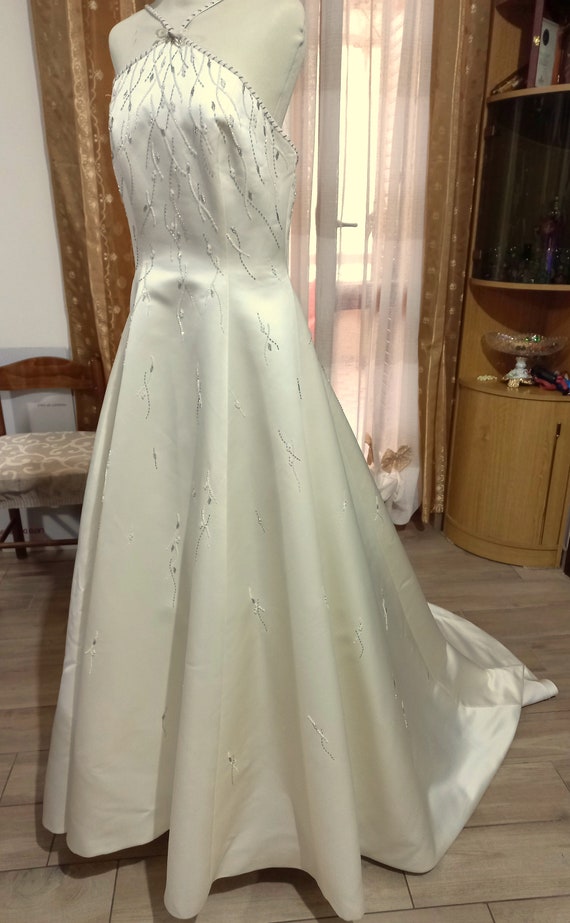 New Satin Beaded Sequined Wedding Dress Cream Col… - image 2