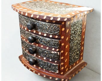 Hand-carved, wooden jewelry box with 4 Drawers, Vintage Bedroom Cabinet