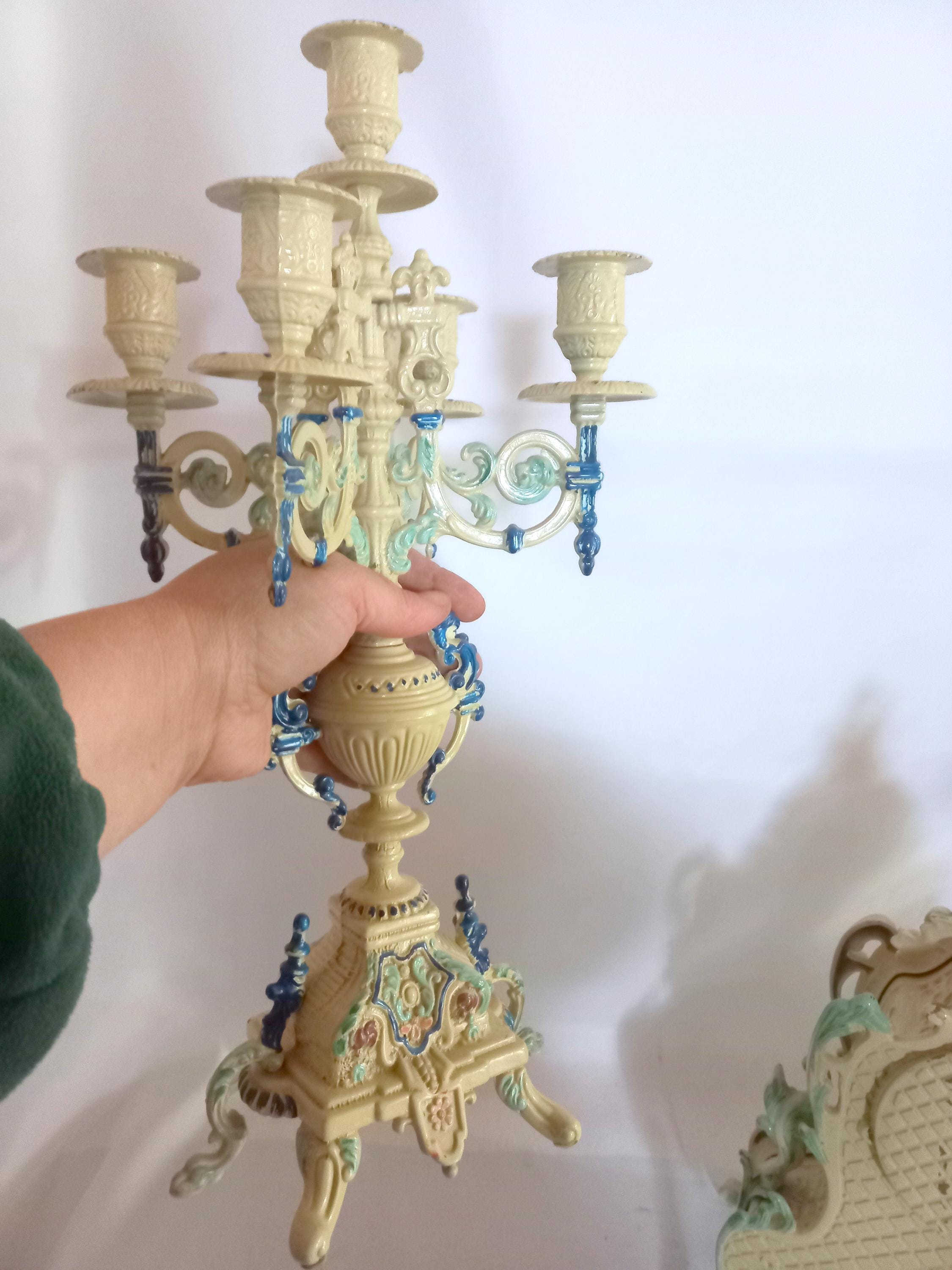 Antique Italian Enamel & Brass Mantel Clock Set, 3-piece Rococo
