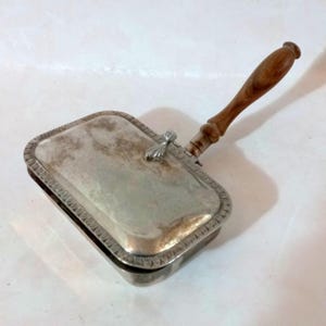 Early 1900s Ancient Silver plated box with handle Crumb catcher Collectible Desk snuffbox with wooden handle Vintage Italy 1920s