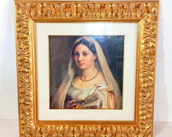 Vintage ,Lady Portrait Print ,"La Velata" by Raphael, Gold Leaf Baroque Frame, 54x54cm Classic Wall Decor,Gilded frame To hang