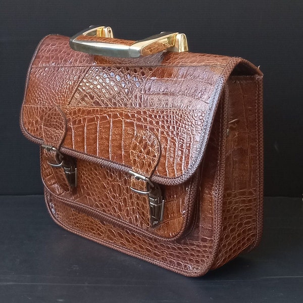 Italy 1980s Handbag Eco-leather Brown color crocodile effect Vintage Italian bags Leather bags Vintage trunk bag Gift idea Gift for mom