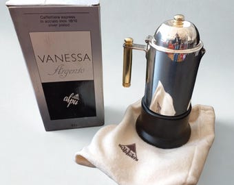 RARE ALPU Puppieni "Vanessa Argento" Espresso Maker - 6 Cups - Silver Plated Inox 18/10 - Vintage 1980s Italian Design - New in Box (NOS)