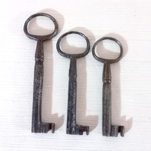Puede incluir: Tres llaves antiguas de metal de diferentes tamaños. Cada llave tiene un mango circular y un vástago largo y texturizado. Las llaves son de un color metálico oscuro y envejecido, lo que sugiere que son vintage o tienen un acabado antiguo. Las llaves están dispuestas verticalmente.