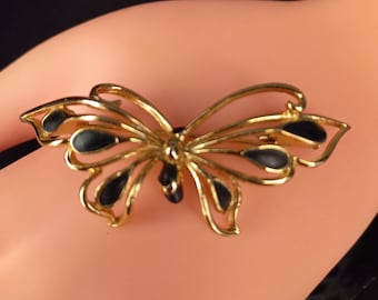 Orena Paris Vintage Broche de mariposa Chapado en oro Esmalte negro Vintage Joyería de alta moda Regalo de moda parisina para mamá Regalo de Navidad