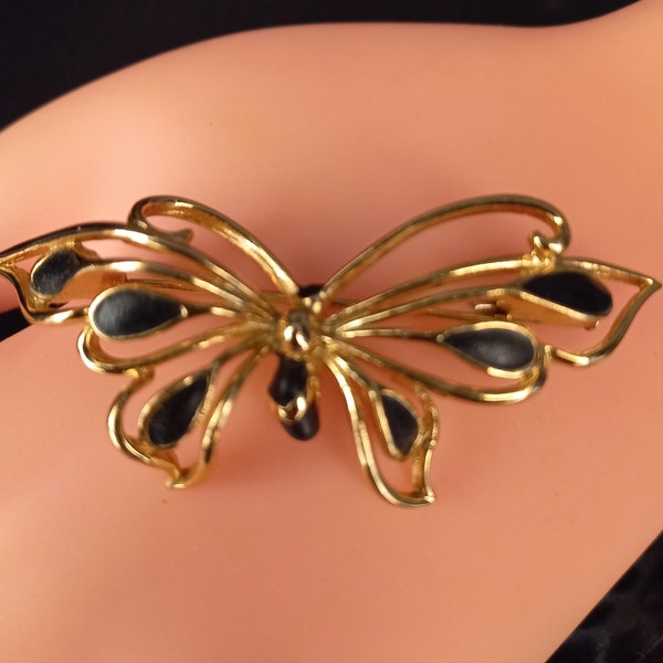 Orena Paris Vintage Butterfly Brooch Gold Plated & Black Enamel Vintage High Fashion Jewelry Parisian Fashion Gift for Mom Christmas Gift