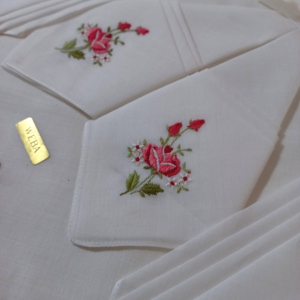 Set of 6 Pocket Squares Vintage Italy 70s Embroidered with floral motifs Cotton handkerchiefs Gift box Gift for Mother's Day Women's