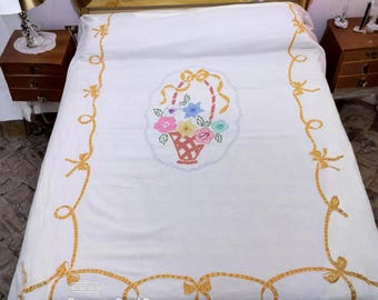 Antique Italian Cotton Bedspread: Embroidered Flowers, Wedding Gift, Bedroom Decor