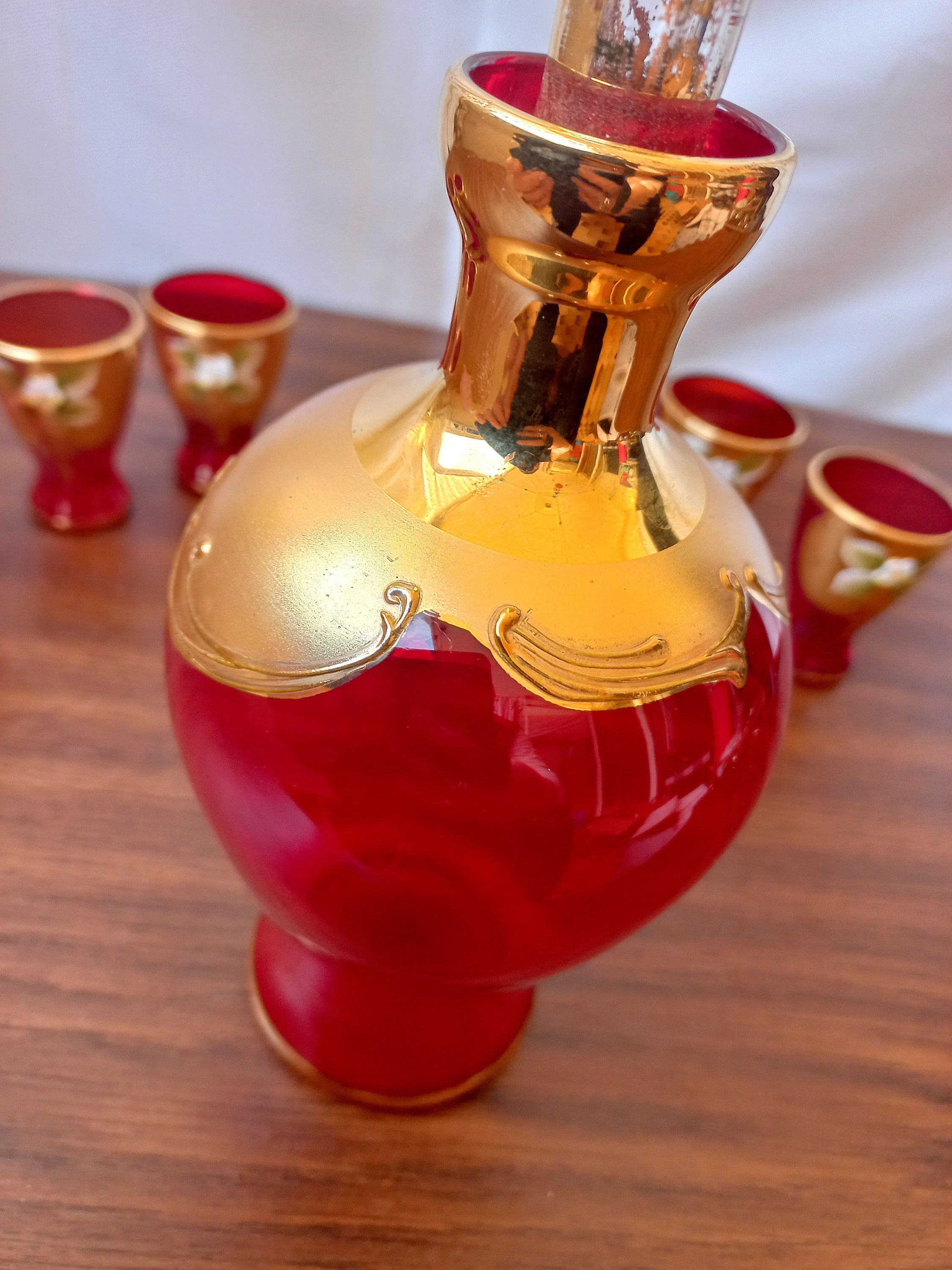 Vintage Murano Ruby Red Gold Decanter Set Tre Fuochi Venetian Hand