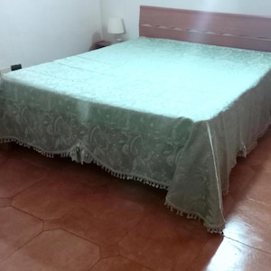Vintage Italian Piquet Bedspread 50s with Silk Satin Inserts Double Bedspread Vintage Bedspread with Fringes Bedroom Decor Antique decor