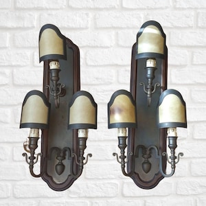 Rare early 1900s 26&quot; Large Pair of Sconces wall lamps Pair of antique 3 lights wall lamps Brass and wood Italian lamps Antique furniture